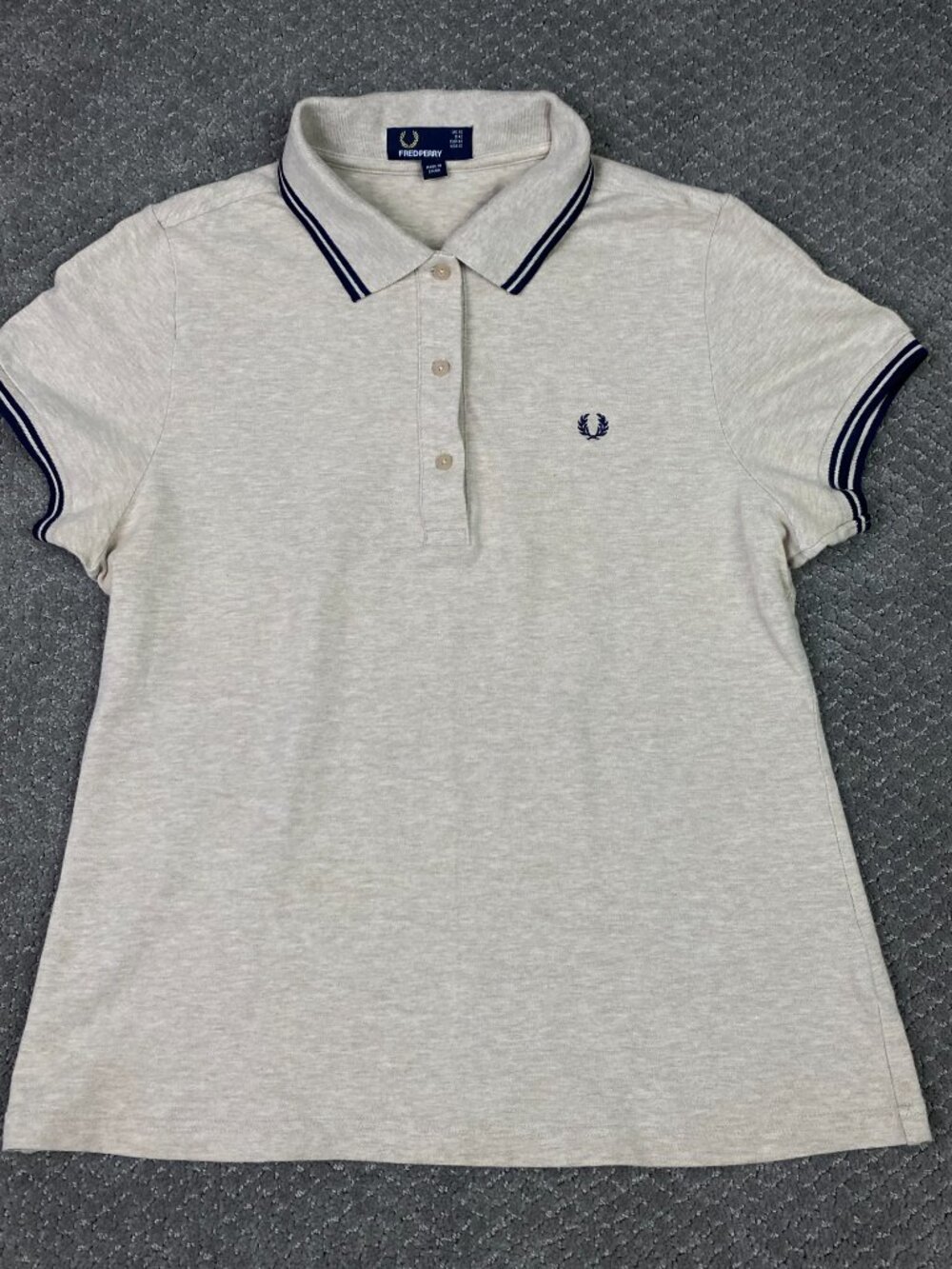 Fred Perry Womens Polo Shirt 12 Oatmeal Light Brown Navy Twin Tipped Preppy